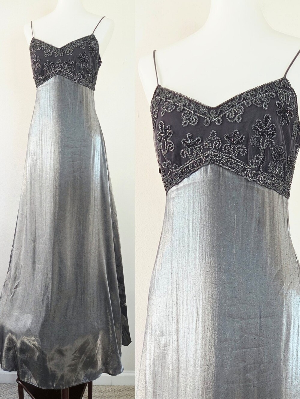 Vintage 90s Night Way Gunmetal Embroidered Slip Dress Maxi Formal Size 8